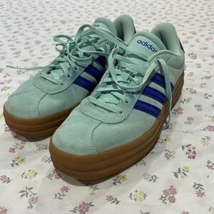 adidas Mint Green Suede Platform Sneakers with Blue Stripes and Gum Sole
